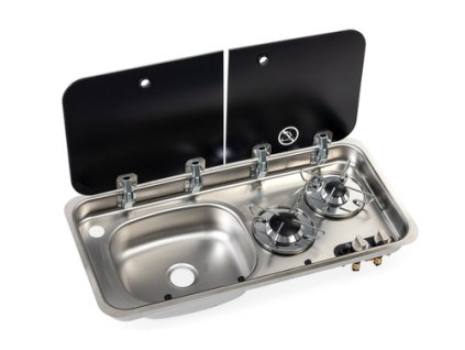 Kombinovaný sporák s dřezem a dvoudílným krytem Carbest - dřez vlevo