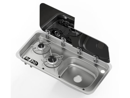 Kombinovaný sporák s dřezem a dvoudílným krytem Carbest - dřez vpravo