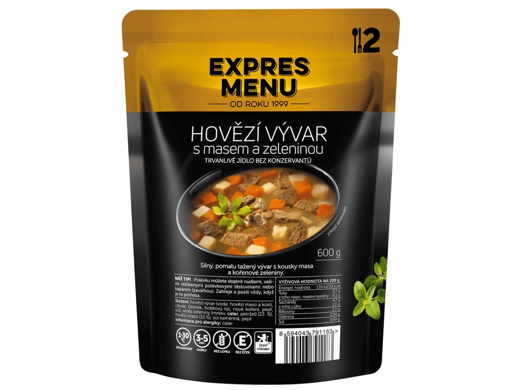 Hovězí vývar s masem a zeleninou EXPRES MENU (2 porce)
