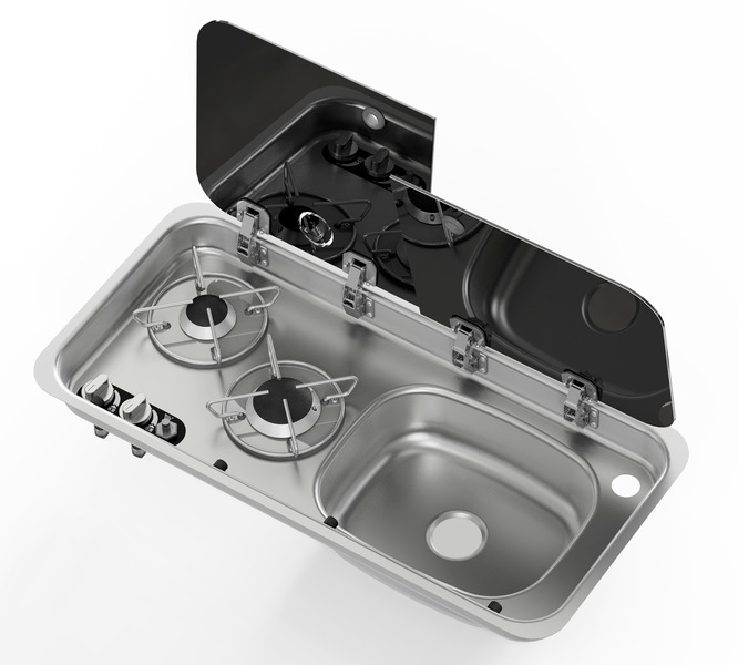 CARBEST Kombinace dřezu a sporáku s dvoudílným skleněným krytem, dřez v pravo