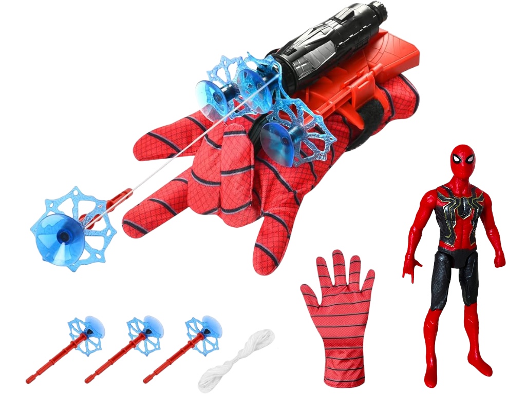 Spider-Man střílející rukavice s pavučinou a postavičkou