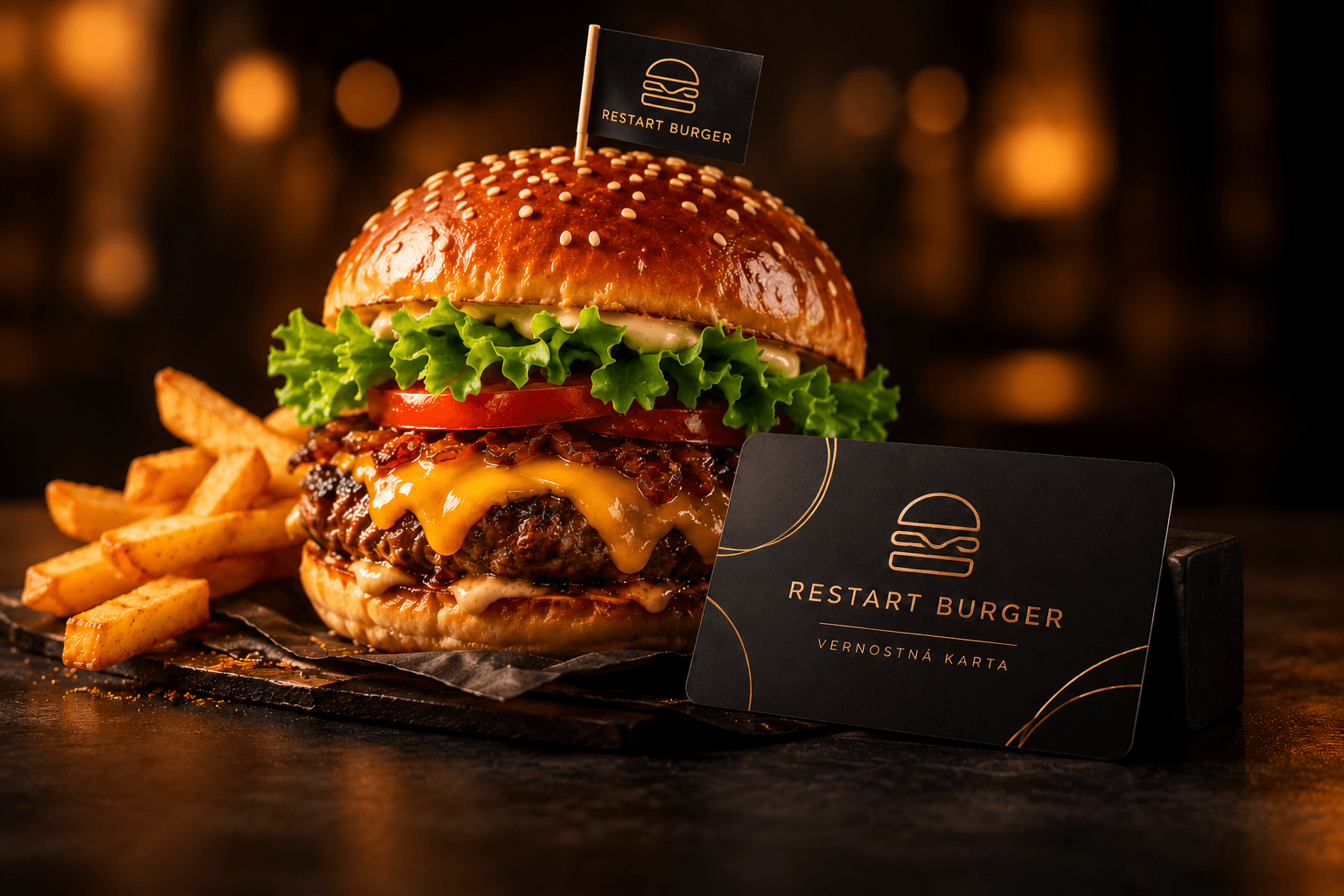 Burger s vlajočkou Restart Burger a vernostnou kartou