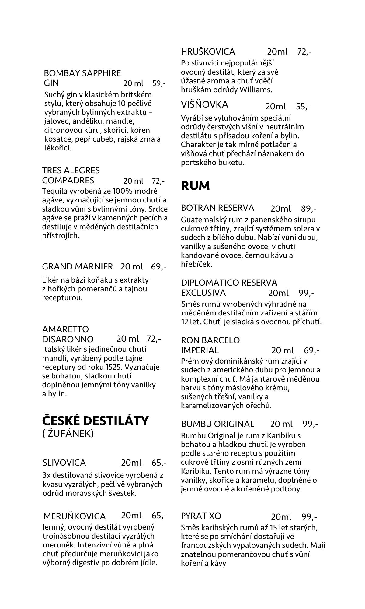 Destiláty a rum — Becherovka, Jack Daniels, Jägermeister, Finlandia, Bombay Sapphire, Tres Alegres Compadres, Grand Marnier, Disaronno