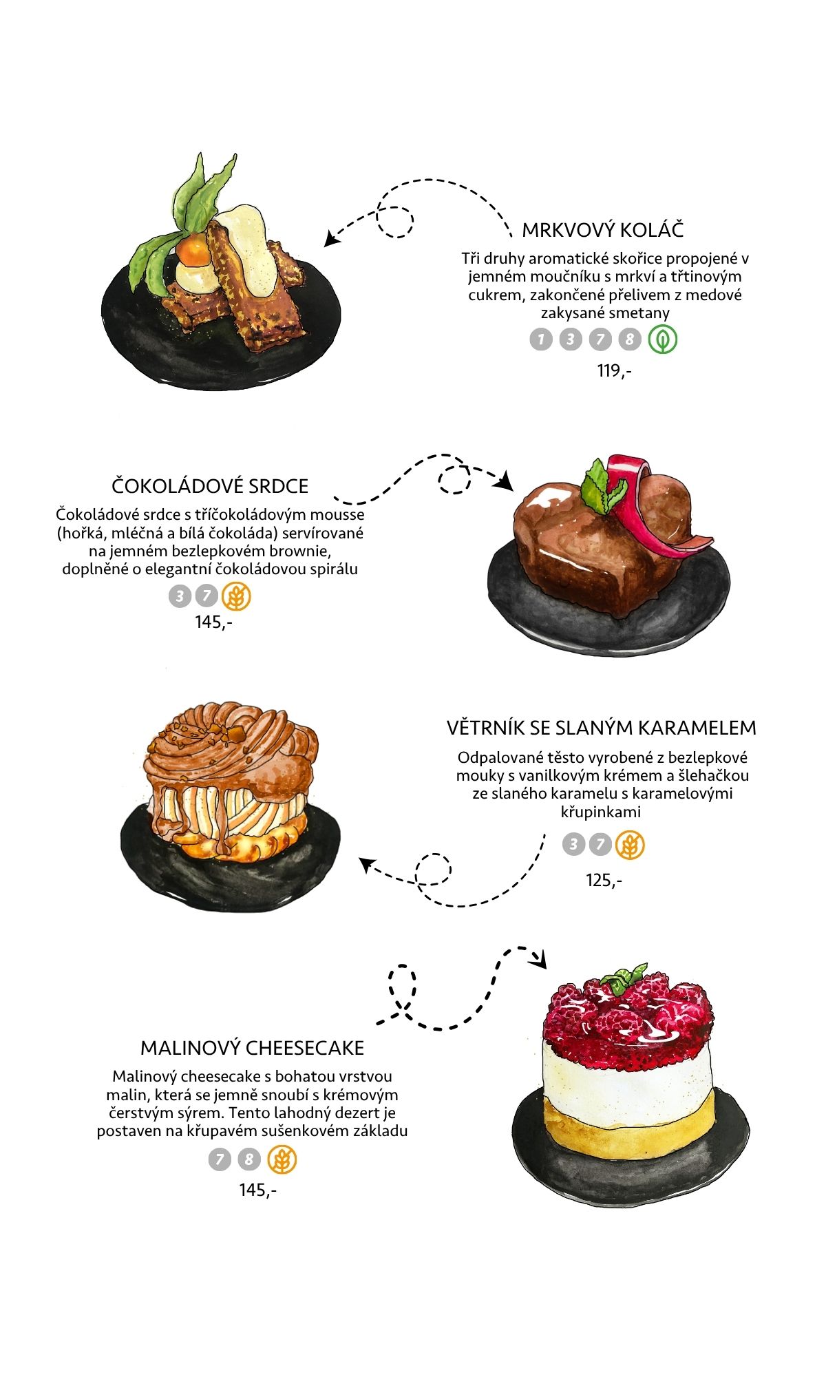 Dezerty — mrkvový koláč, čokoládové srdce, větrník se slaným karamelem, malinový cheesecake