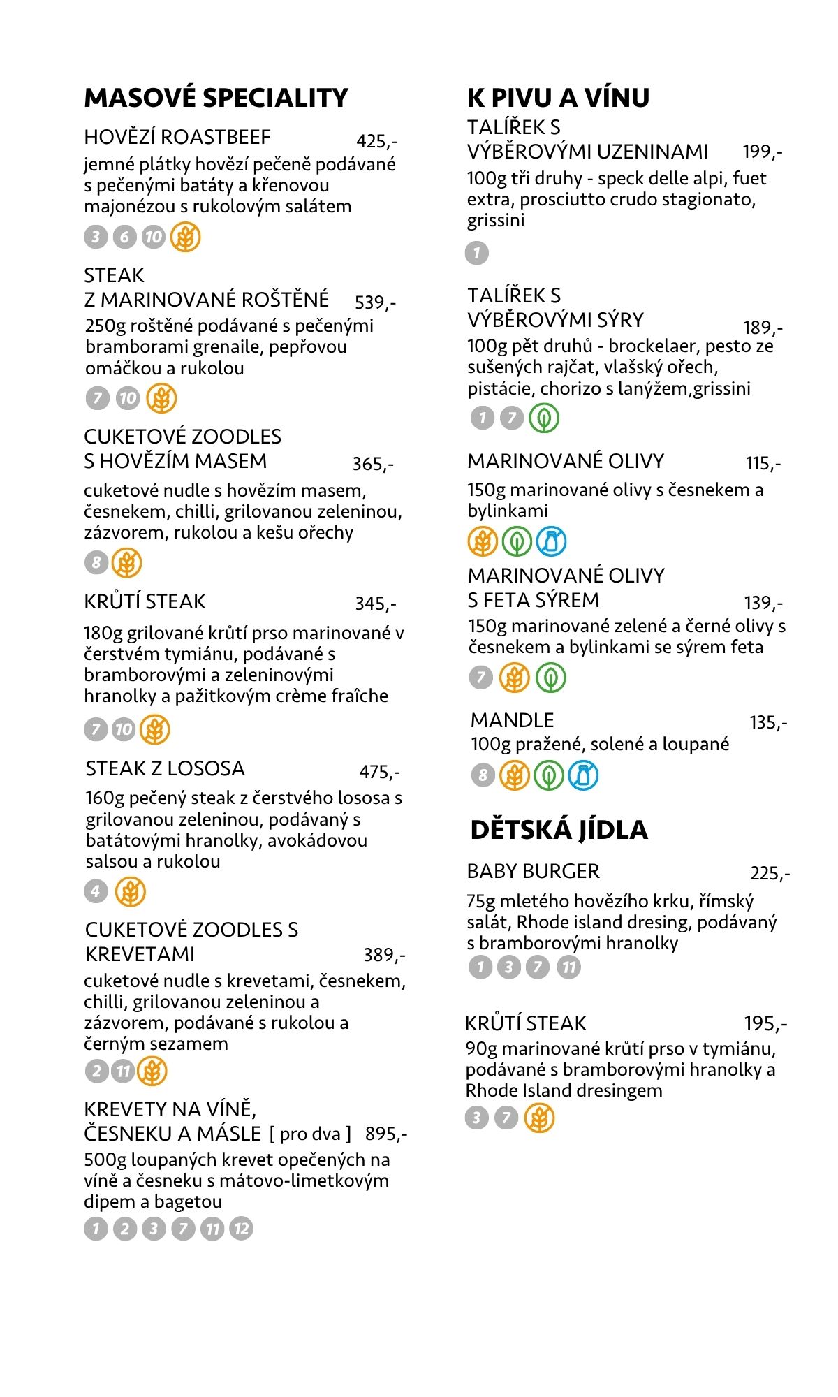 Masové speciality — hovězí roastbeef, roštěná, krůtí steak, steak z lososa, krevety
