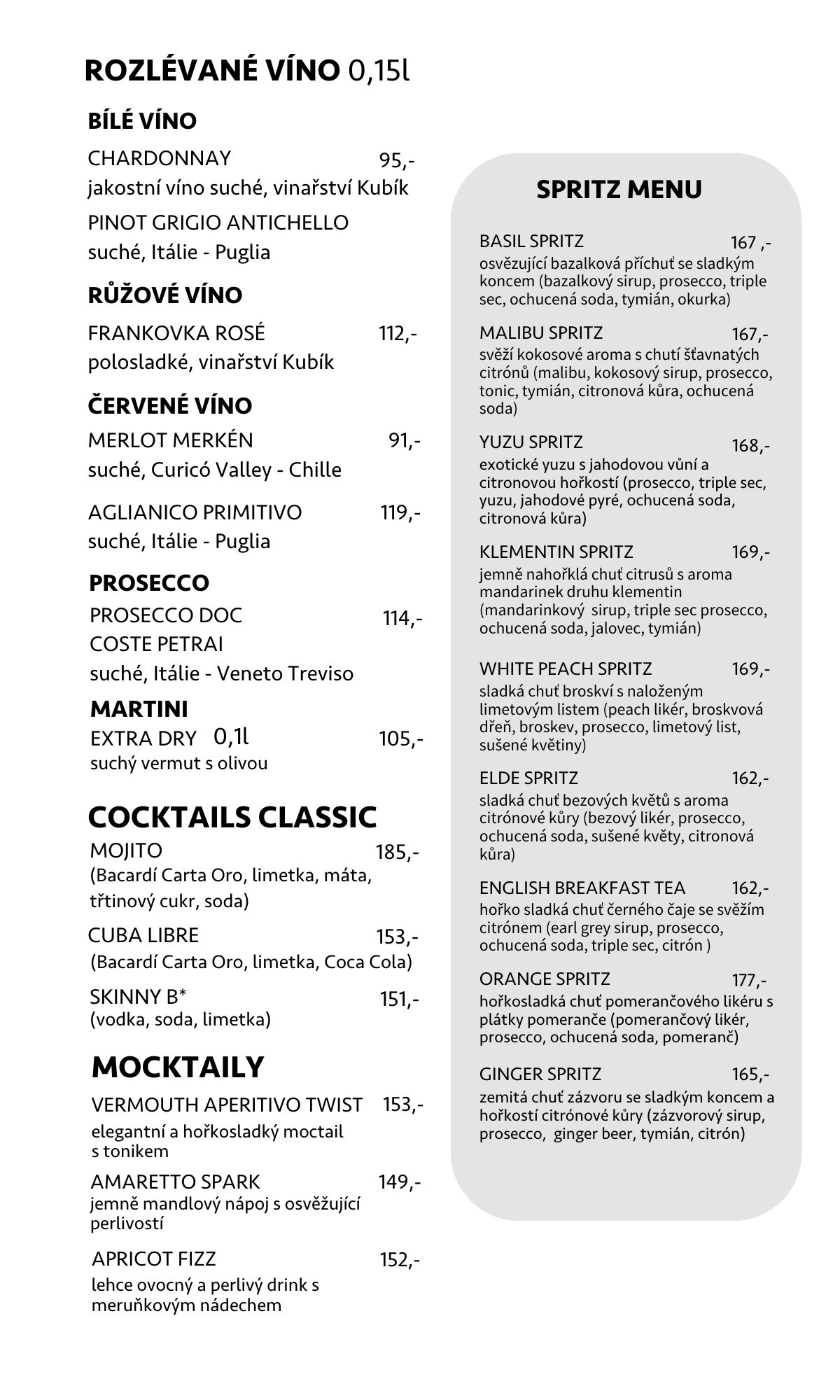 Víno & spritz – nabídka