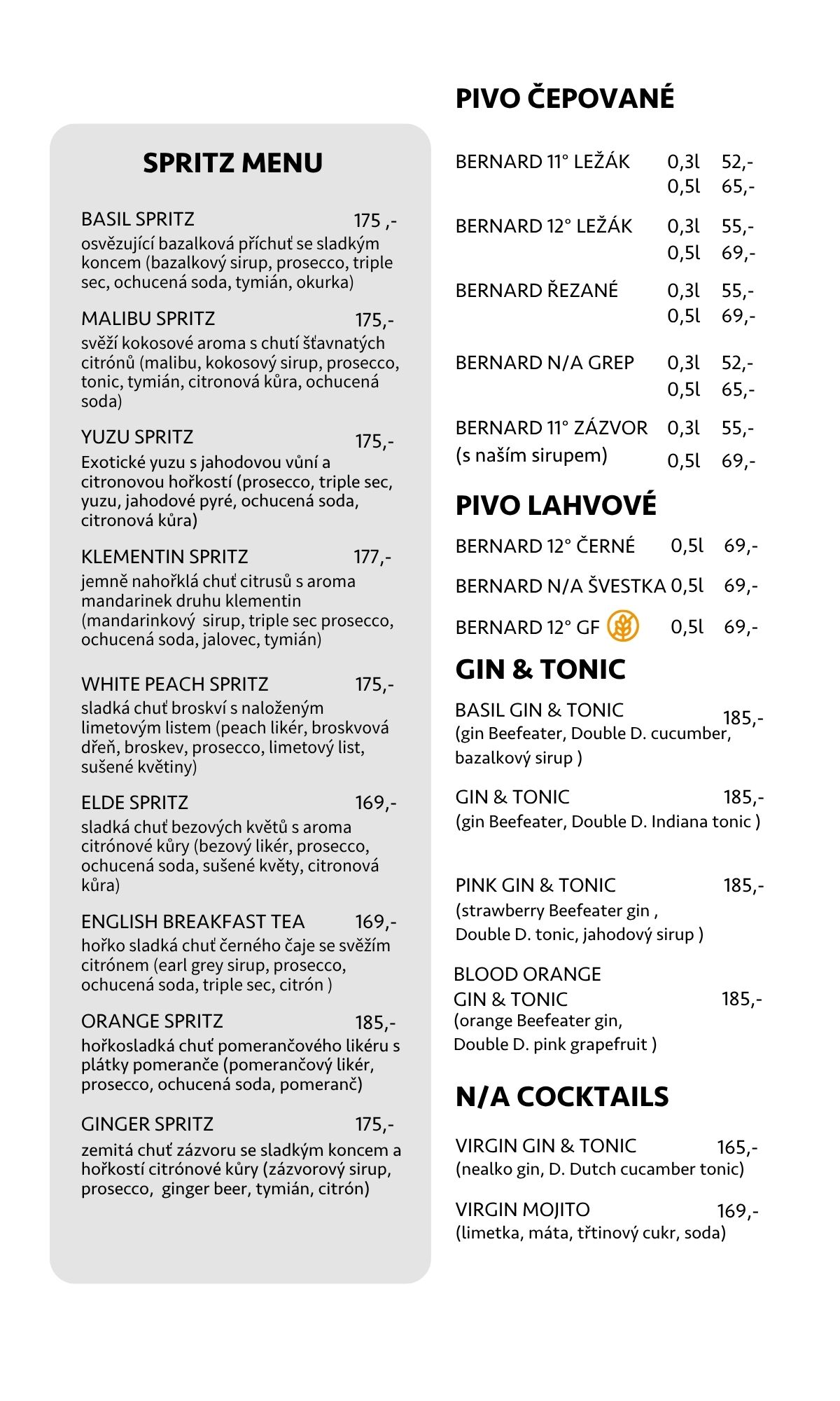Spritz menu — basil spritz, malibu spritz, yuzu spritz, klementín spritz, elde spritz, english breakfast tea, ginger spritz