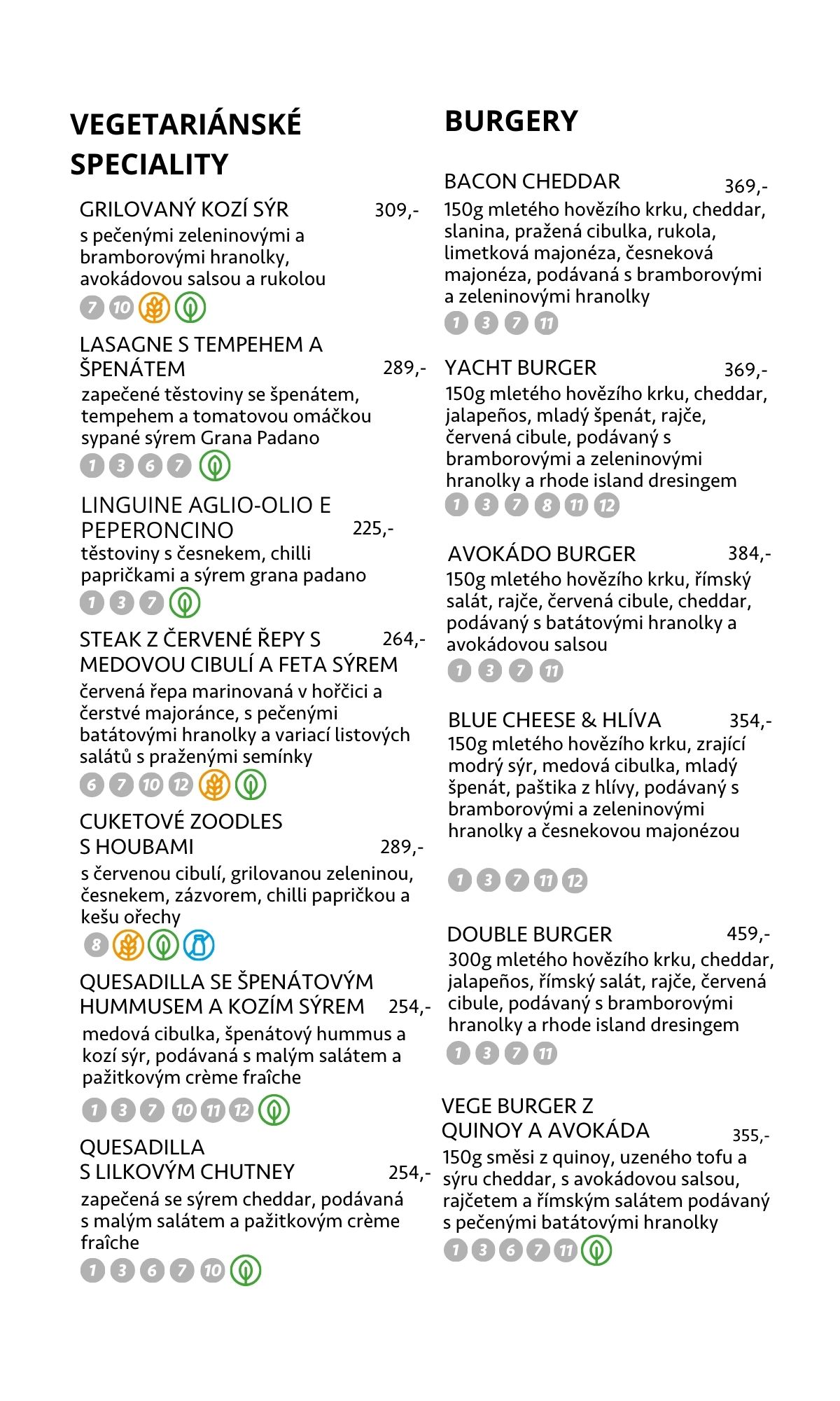 Vegetariánské speciality & burgery – nabídka