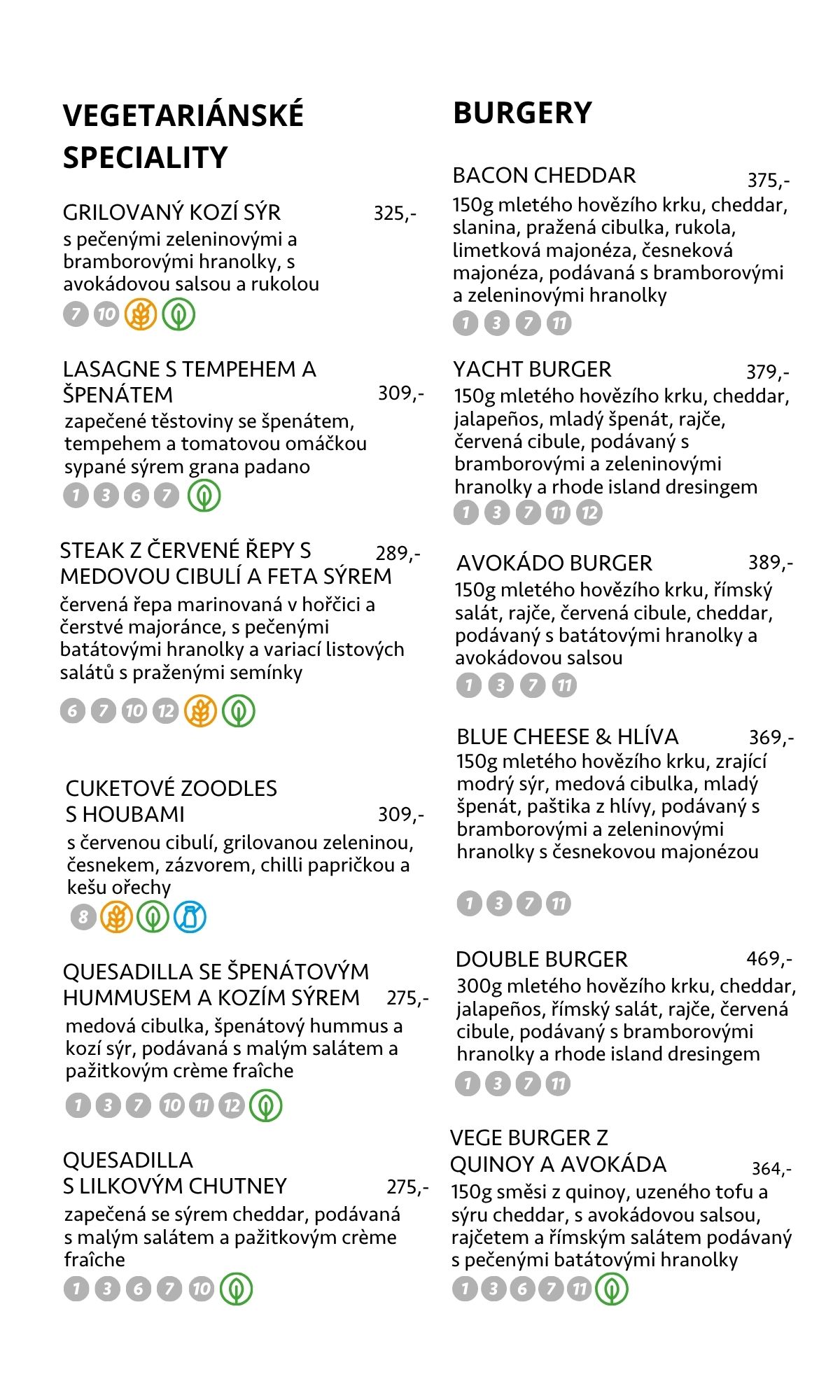 Vegetariánské speciality — grilovaný kozí sýr, lasagne s tempehem, steak z červené řepy, cuketové zoodles, quesadilla