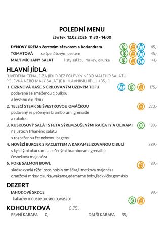Přijďte ochutnat naše polední menu! Každý den pro vás chystáme čerstvé speciality, které si můžete vychutnat přímo u nás...