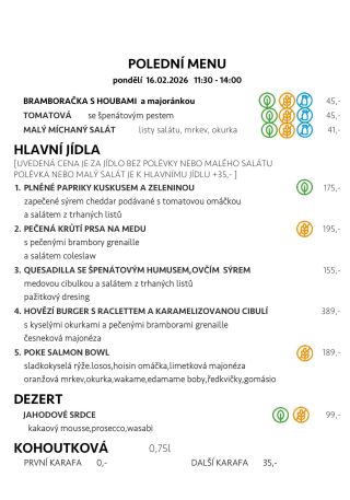 Přijďte ochutnat naše polední menu! Každý den pro vás chystáme čerstvé speciality, které si můžete vychutnat přímo u nás...
