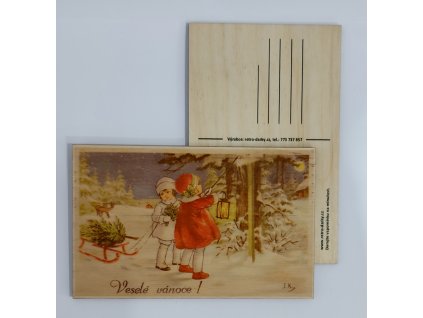 Dřevěná vánoční retro pohlednice - Děti s lucernou
