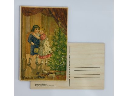 Dřevěná vánoční retro pohlednice - Děti u stromečku