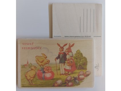 Dřevěná velikonoční pohlednice - Manželé Zajíčkovi