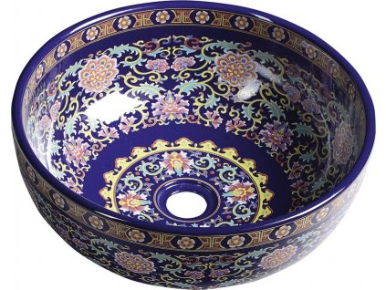 PRIORI keramické retro umyvadlo na desku, Ø 41 cm, fialová s ornamenty PI022