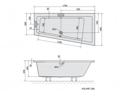 Polysan  ANDRA R asymetrická vaňa 170x90x45cm, čierna matná 81511BM