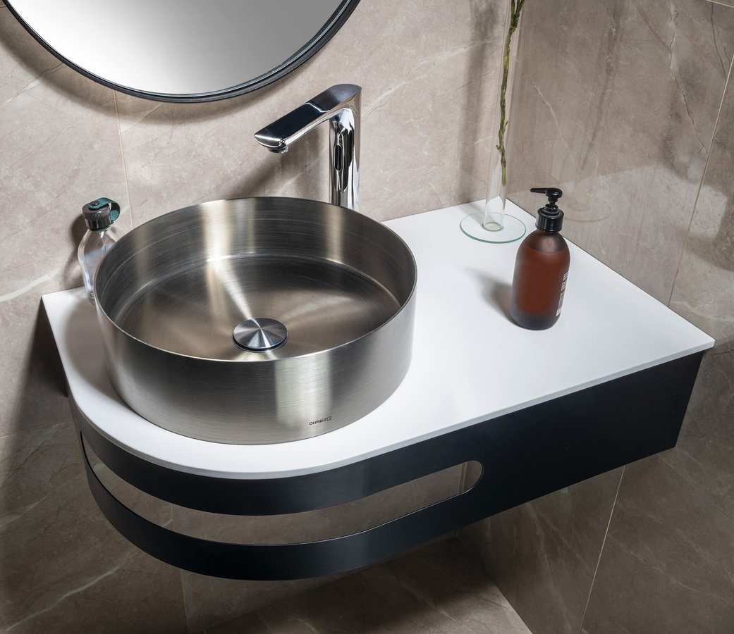 Sapho PULSE rohový stolík s umývadlom 755x455 mm, pravý, nerez mat BM760-0101-01