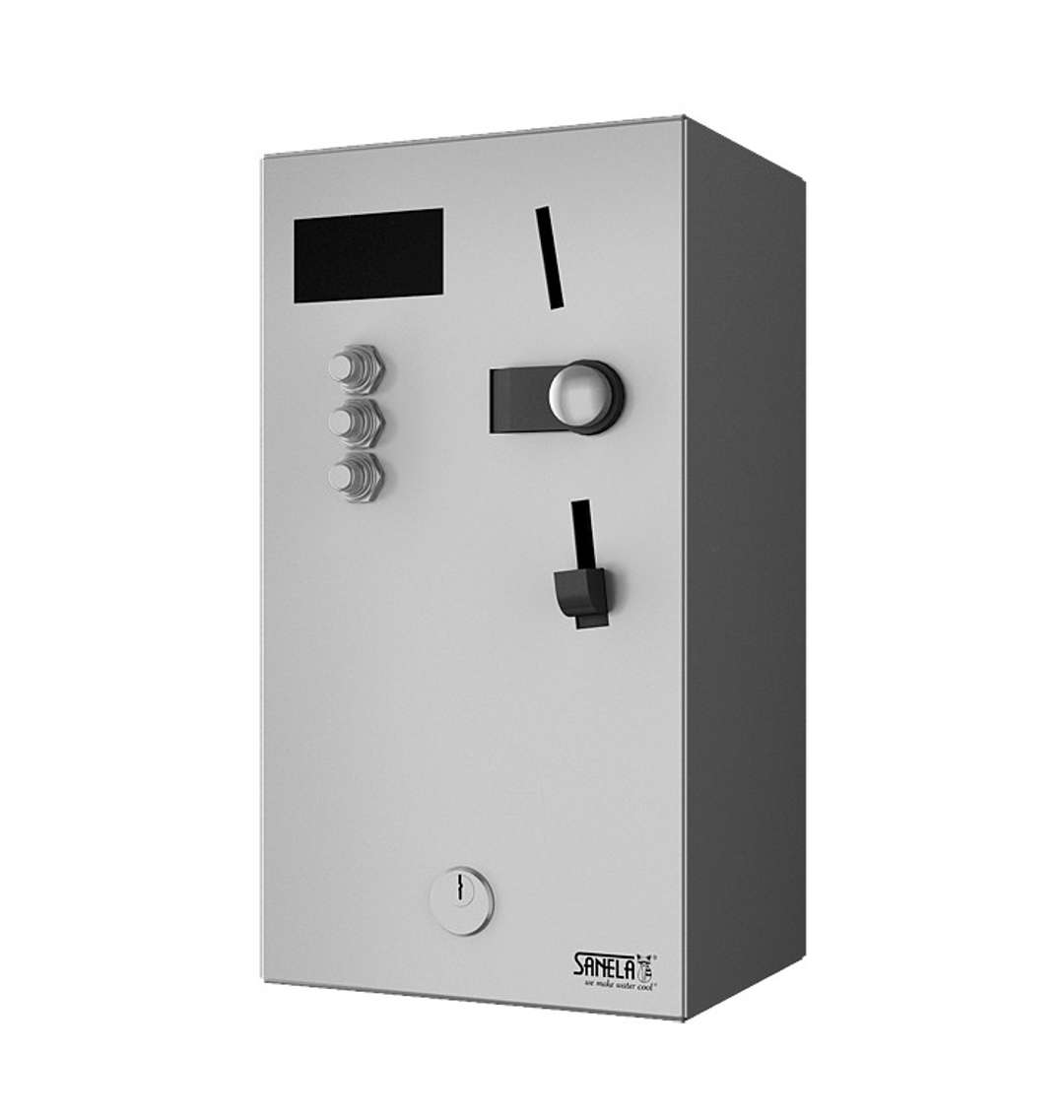Sanela Automaty Nástenný mincový automat pre 1-3 sprchy, interaktívne ovládanie, antivandal, matná nerezová SLZA 01LN