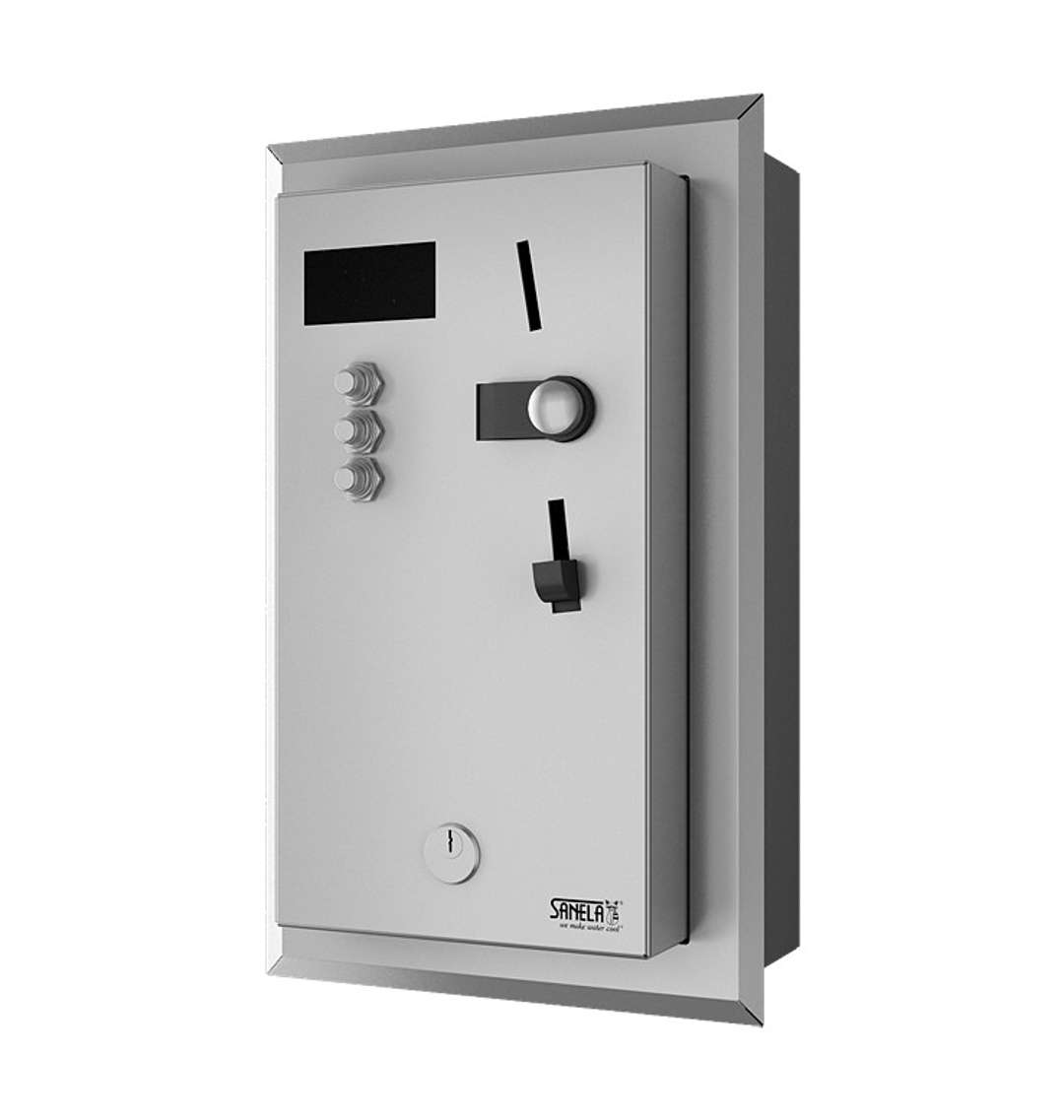 Sanela Automaty Zabudovateľný mincový automat pre 1-3 sprchy, interaktívne ovládanie, antivandal, matná nerezová SLZA 01LNZ