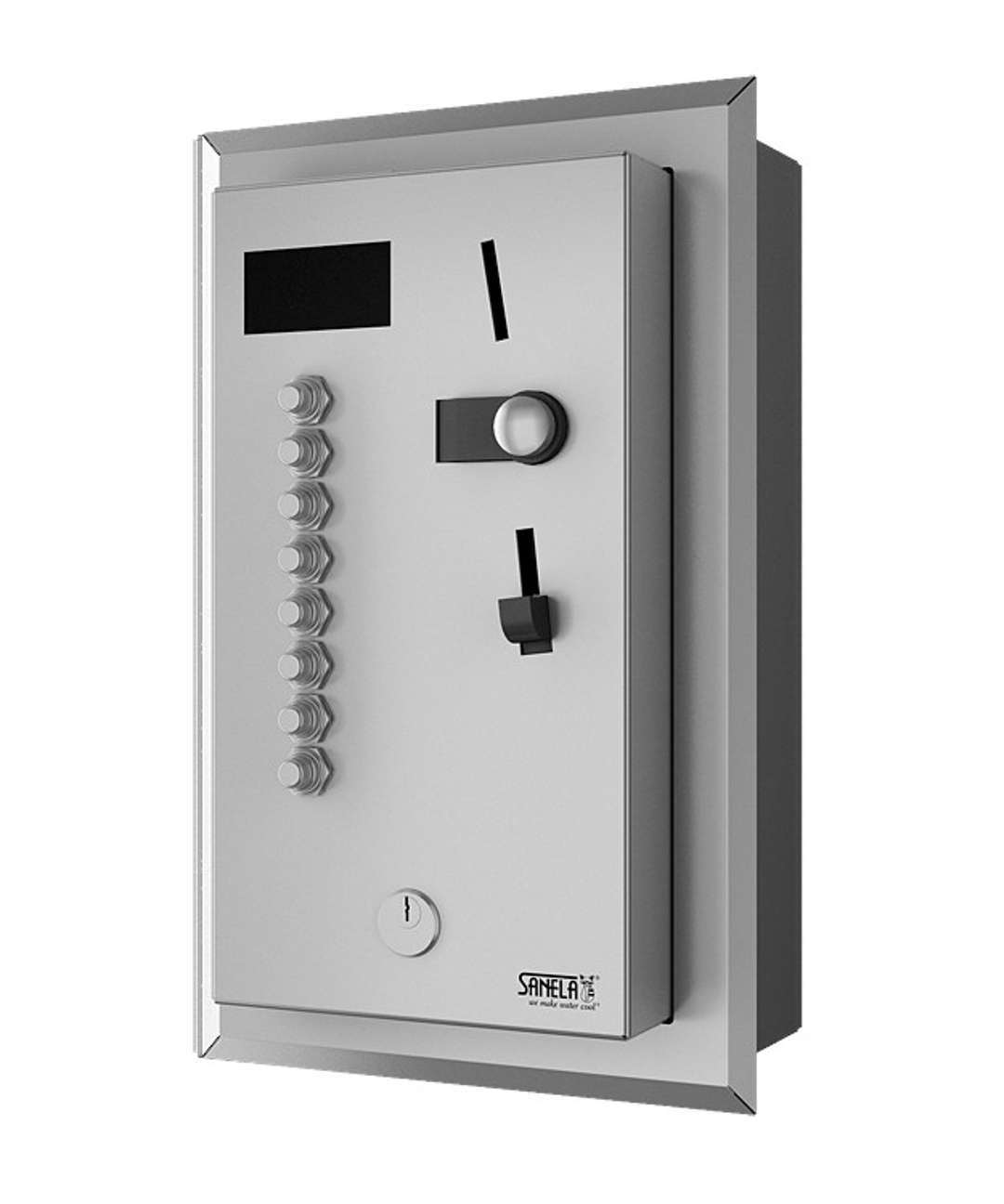 Sanela Automaty Zabudovateľný mincový automat pre 4-8 spŕch, priame ovládanie, antivandal, matná nerezová SLZA 02LMZ