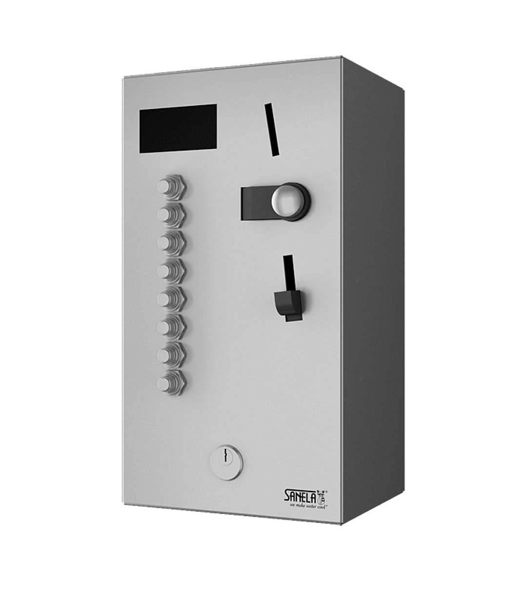 Sanela Automaty Nástenný mincový automat pre 4-8 spŕch, interaktívne ovládanie, antivandal, matná nerezová SLZA 02LN