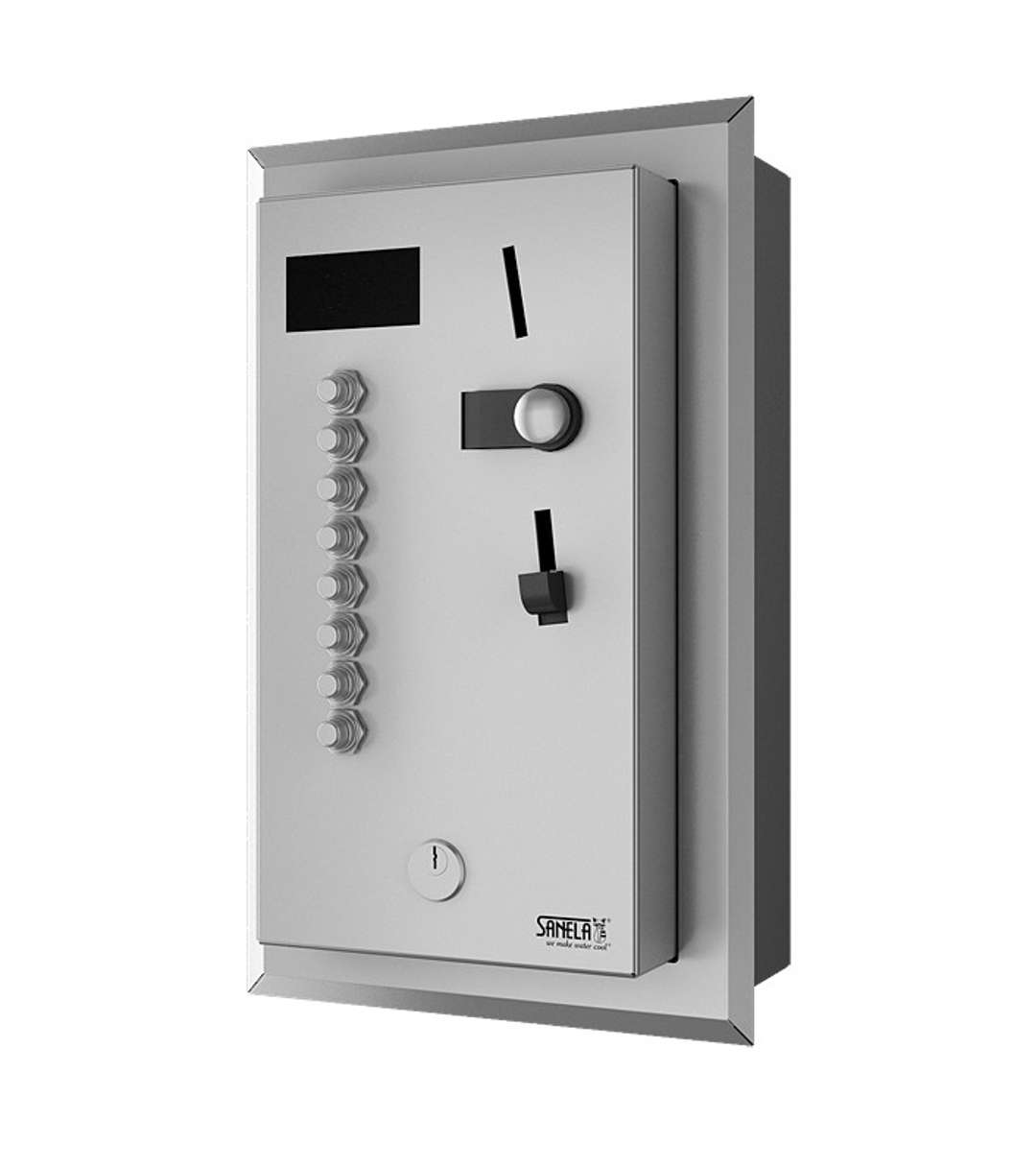Sanela Automaty Zabudovateľný mincový automat pre 4-8 spŕch, interaktívne ovládanie, antivandal, matná nerezová SLZA 02LNZ