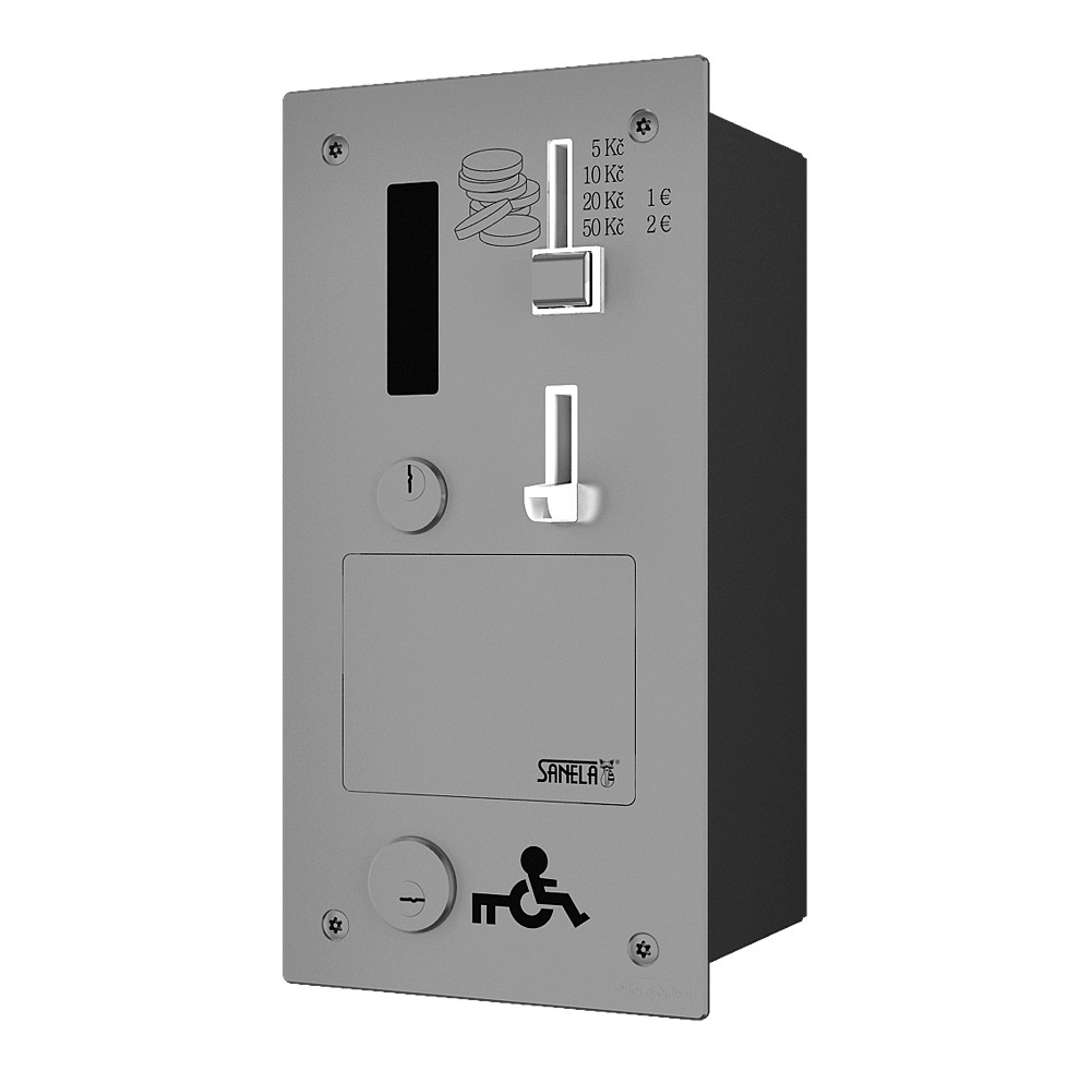 Sanela Automaty Zabudovateľný mincový automat dverového zámku s GSM, s eurozámkom, antivandal, matná nerezová SLZA 40GVZ
