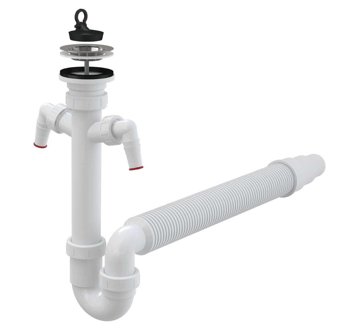 Alcadrain Sifóny Drezový sifón, priemer 70 mm, s 2 prípojkami, s flexi hadicou, plast A840-DN50/40