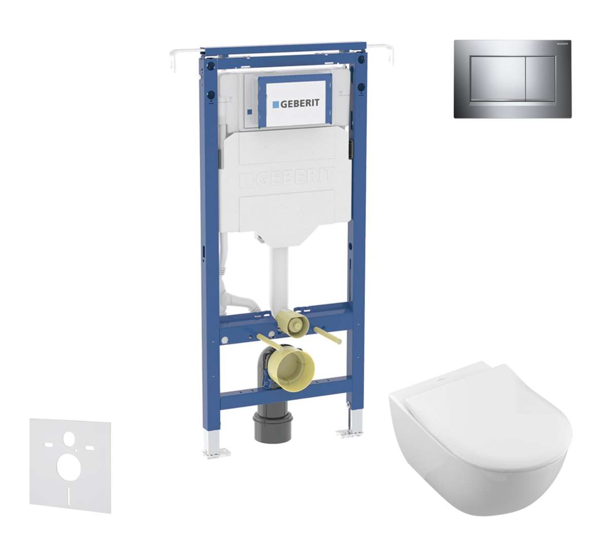 Geberit Duofix Set predstenovej inštalácie, klozetu a dosky Villeroy Boch, tlačidla Sigma30, DirectFlush, SoftClose, CeramicPlus, lesklý chróm/chróm mat SANI11CK1102