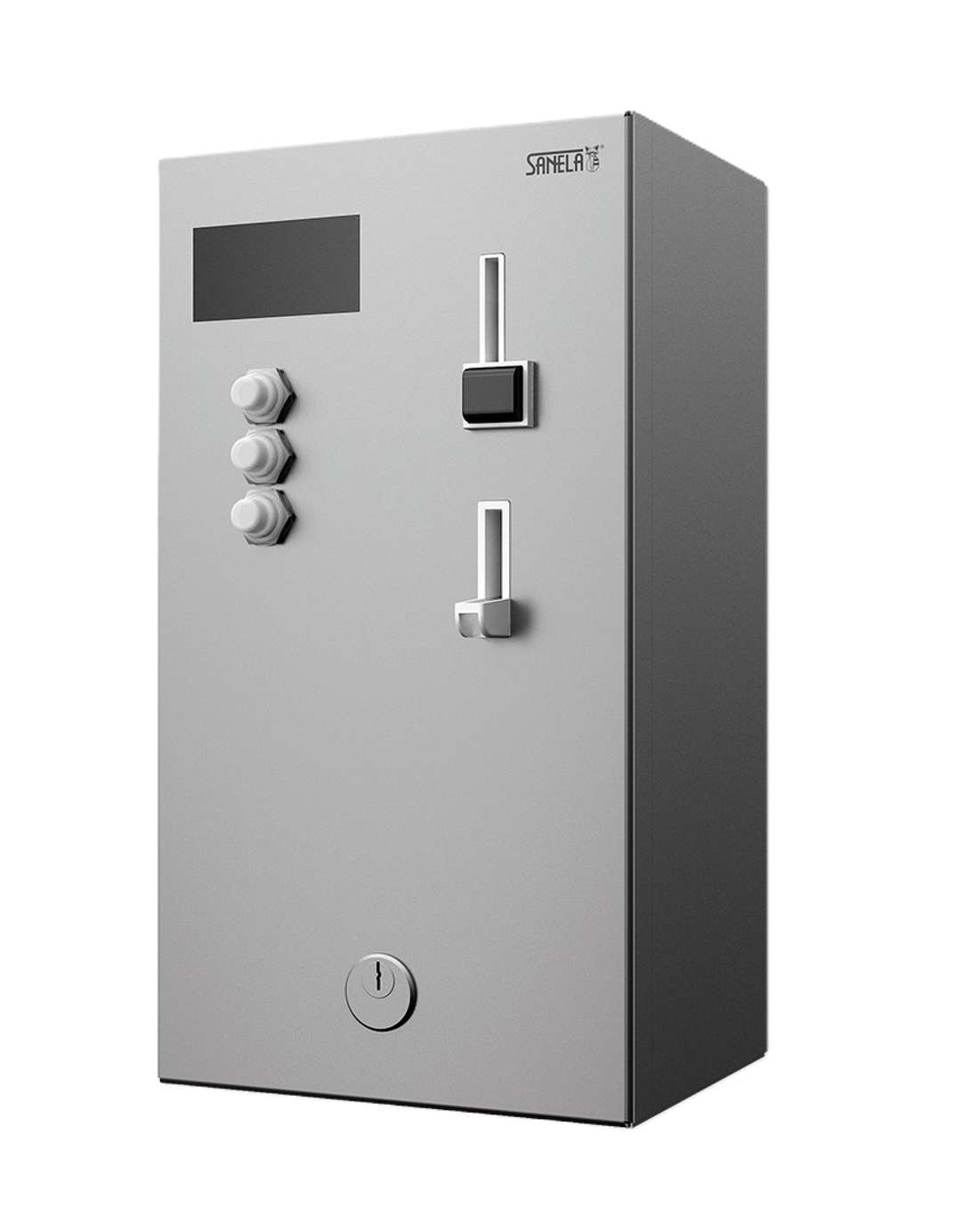 Sanela  Nástenný mincový automat pre 4-12 spŕch, interaktívne ovládanie, antivandal, matná nerezová SLZA 02KN