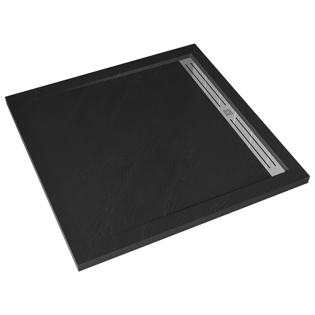 CERANO - Sprchová vanička štvorcová Docia - SMC/minerálny kompozit - sifón + nerezový kryt - štruktúrovaná čierna matná - 80x80 cm CER-LMR88