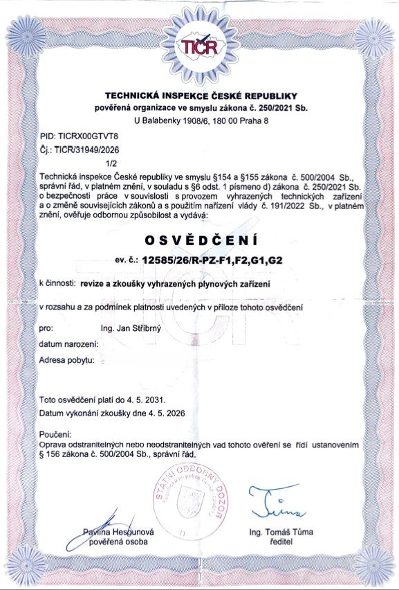 Osvědčení plyn TIČR