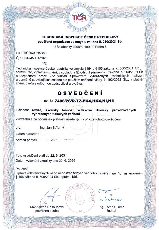 Osvědčení tlak TIČR