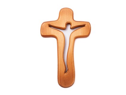 Kříž s vyříznutým Ježíšem - světle hnědý - oblý - 25 cm