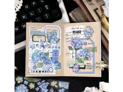Scrapbookové samolepky květiny - nálepky modré hortenzie
