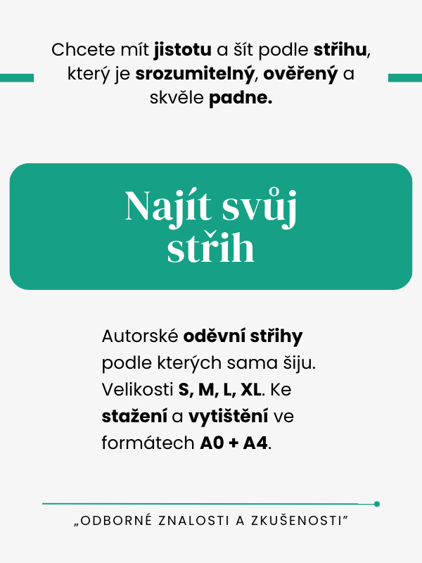 Střihy na oblečení – autorské oděvní střihy v různých velikostech (S, M, L, XL) ve formátech A0 + A4.
