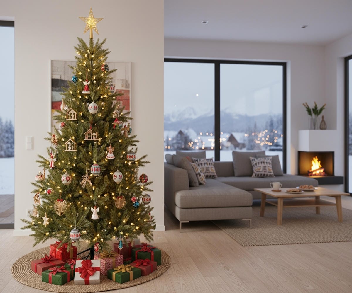 Umelý vianočný stromček s realistickým 3D ihličím v obývačke