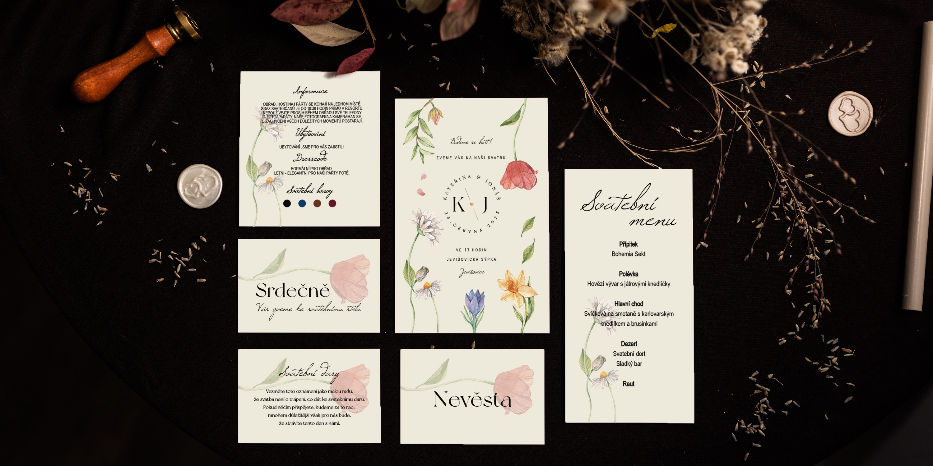 Ukázka kompletní sady sladěných svatebních tiskovin
