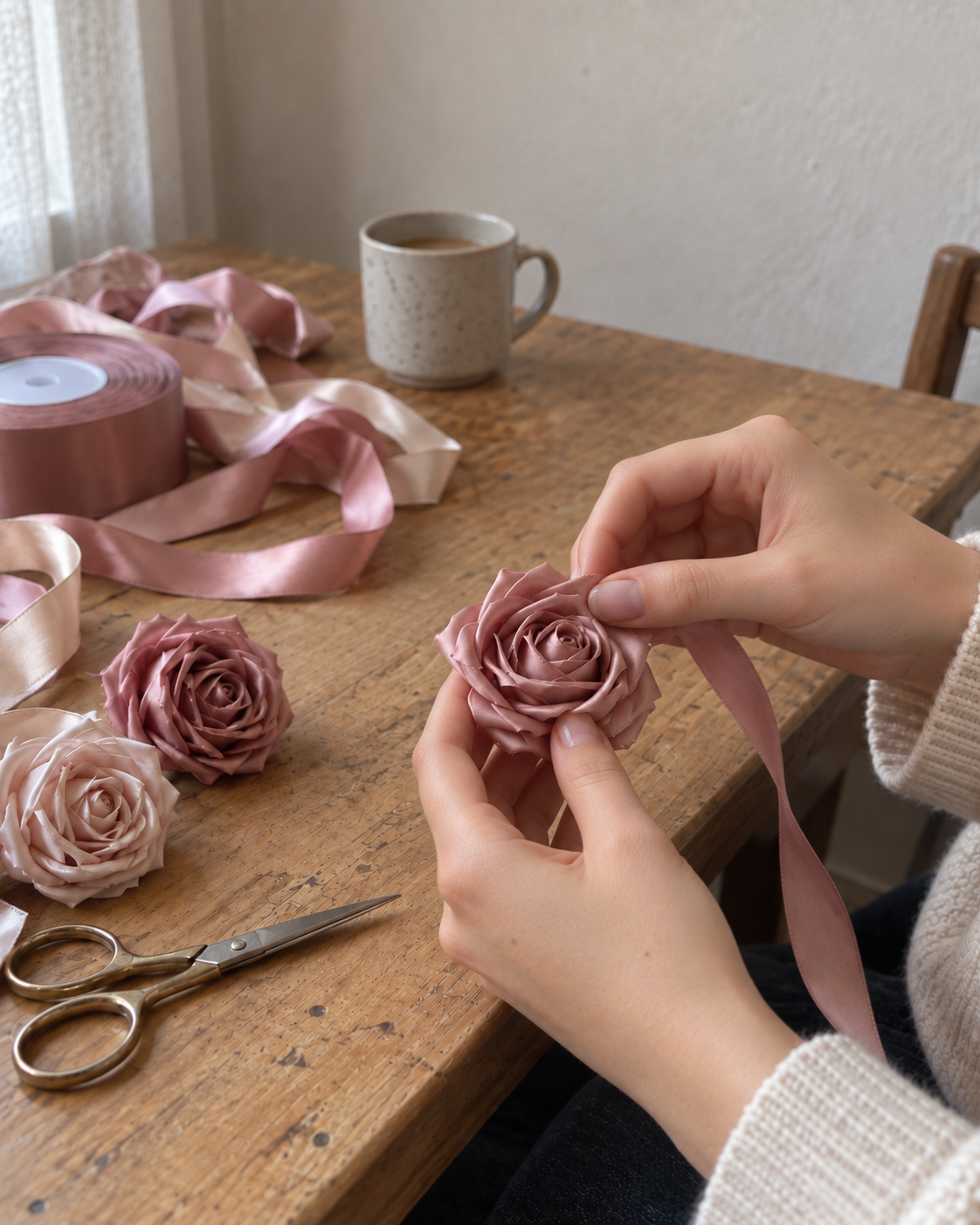 Ruční výroba stuhové růže Ribbon Blooms