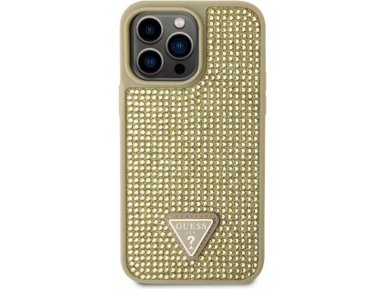 Guess Rhinestones Triangle Metal Logo Kryt pro iPhone 15 Pro Zlatá