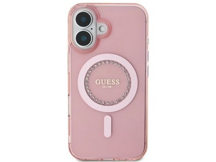 Guess IML Rhinestones Ring MagSafe kryt pro iPhone 16 Růžová