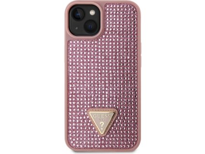 Guess Rhinestones Triangle Metal Logo Kryt pro iPhone 15 Pro Růžová