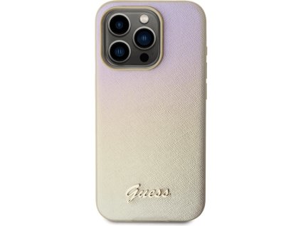Guess PU Leather Iridescent Metal Script kryt pro iPhone 15 Pro - Zlatá