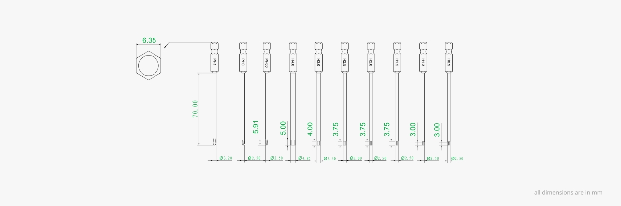 Bambu Lab Maker's Supply Screwdriver Kit - technický výkres 10 bitů s přesnými rozměry v mm (PH1, PH0, PH00, H4, H3, H2.5, H2, H1.5, H1.3, H0.9 - univerzální 1/4″ hex rozhraní 6,35 mm)