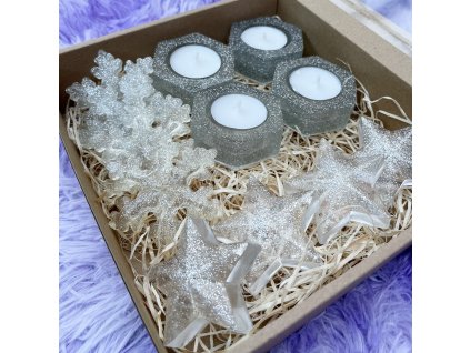 Stříbrná sada - vločky, hvězdičky, stojánky na svíčku