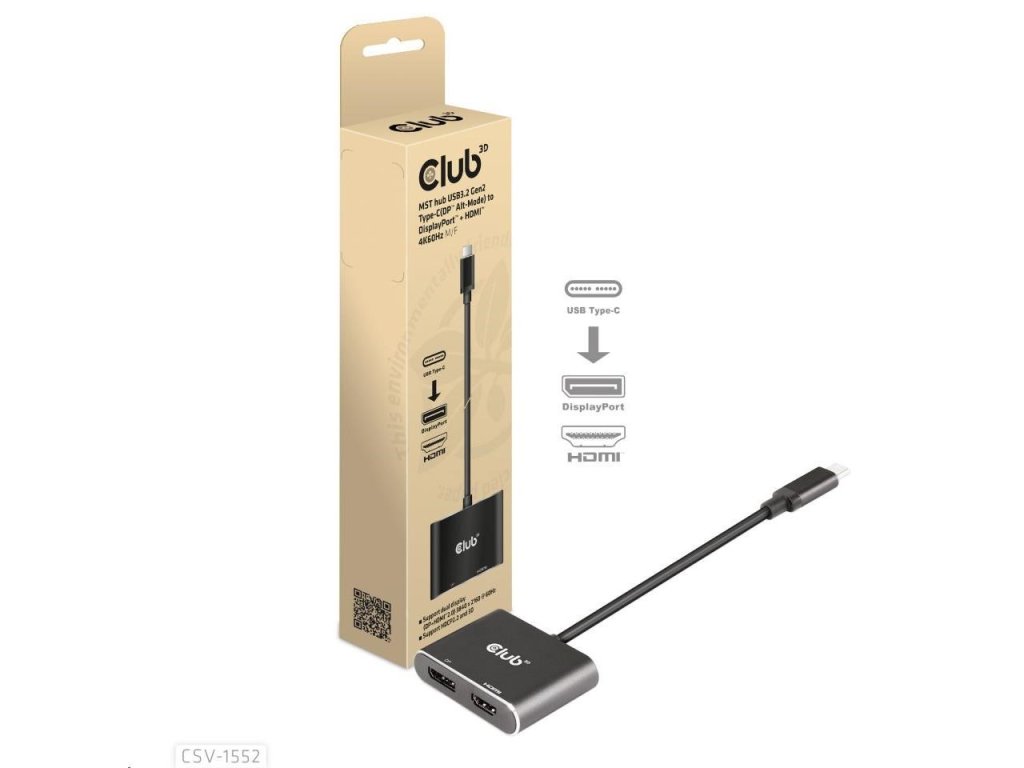 Club3D hub MST (Multi Stream Transport) USB3.2 Gen2 Type-C (DP Alt-Mode) na DisplayPort + HDMI 4K60Hz (M/F)