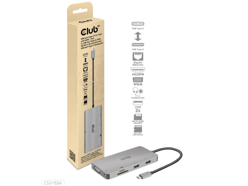 Club3D hub USB-C, rozbočovač 9 v 1 s HDMI, VGA, 2x USB Gen1 Type-A, RJ45