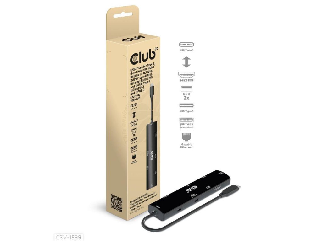 Club3D hub USB Gen3x2 Type-C (USB4), 6-in-1 s HDMI 8K60Hz/4K120Hz, 2xUSB, RJ45 a 2xUSB-C, 1xData, 1xPD - nabíjení 100W