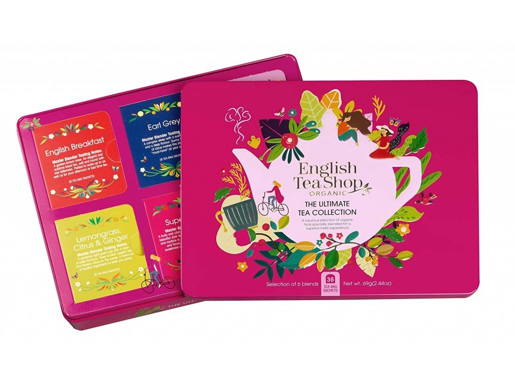 Růžová dárková plechová kazeta čajů, 36 sáčků English Tea Shop
