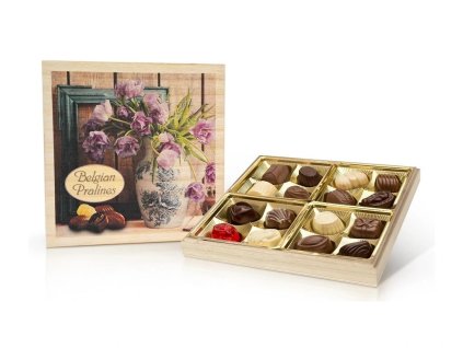 Selllot Belgické pralinky dřevěná dóza motiv Tulipány 200g
